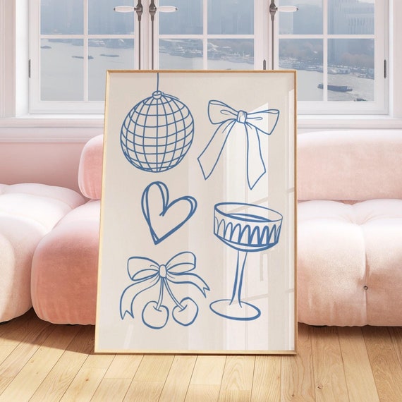 Blue Wall Art Trendy Bow Ptints Blue Preppy Dorm Room Decor Aesthetic Bow Wall Art Coquette Room Decor Ribbon Poster Cherry Art