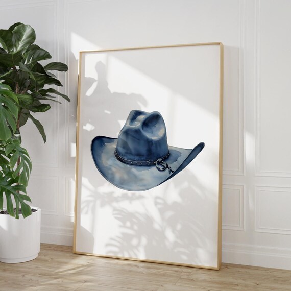 Blue Cowboy Hat Watercolor Minimalist Western Chic Decor Poster
