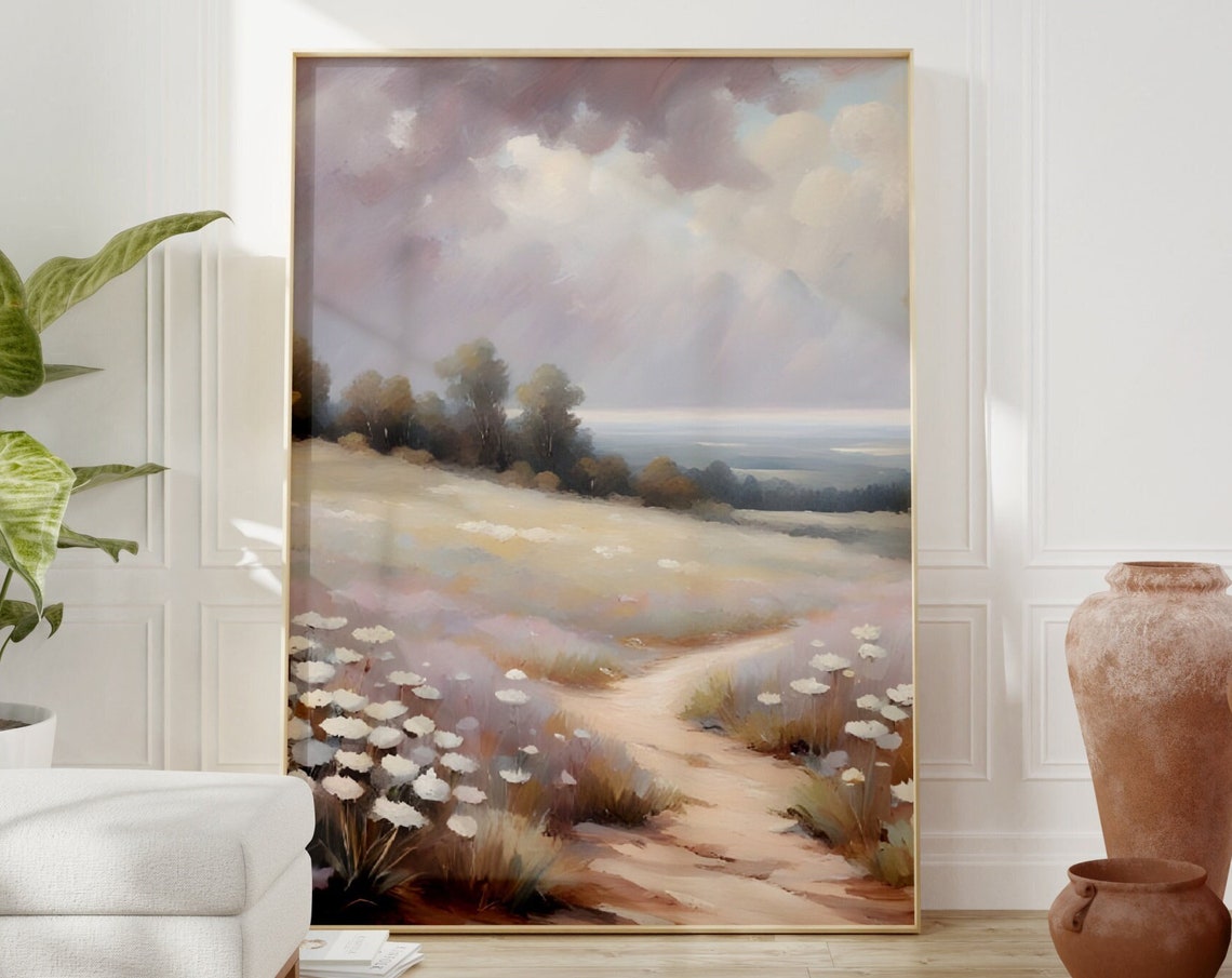 Country Oil Painting Vintage Stream Landscape Print Rustic Farmhouse Nursery Wall Art Balcony Art Print Cloud Oil Painting Sky Print