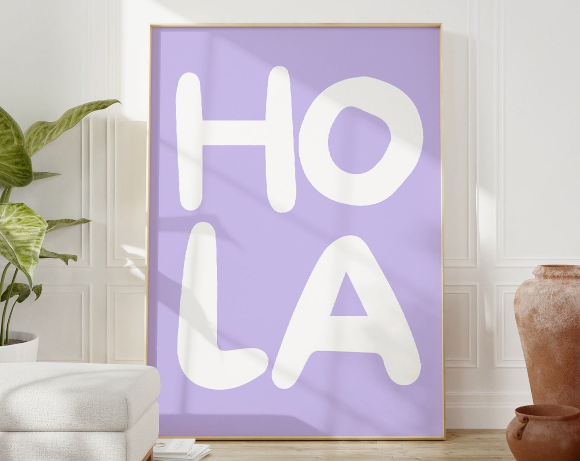 Hola Spanish Greeting White Typography Lavender Retro Decor Poster