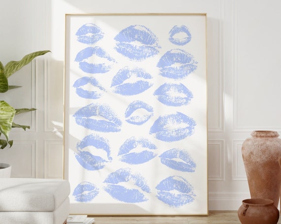Kiss Lips Wall Art Blue Lips Print Trendy Prints Dorm Room Deco Blue Preppy Print Baby Blue Funky Art Fashion Make Up Print