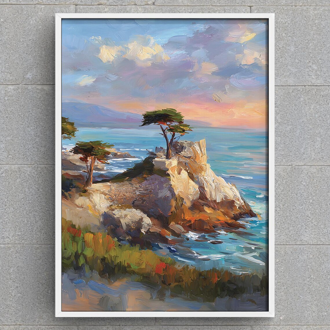 Coastal Cliff Sunrise Oil Painting Lone Cypress Ocean Rocks Art Print