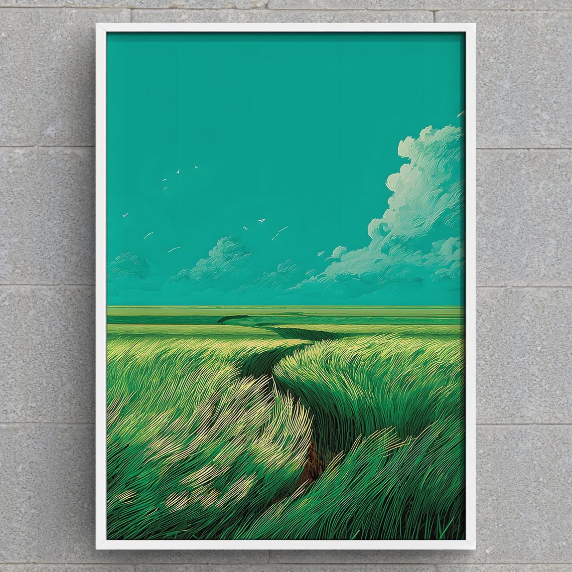 Winding Path Through Emerald Wind Swept Fields Teal Sky Poster