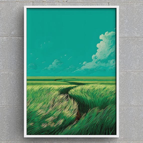Vibrant Green Field Art Print Winding Path Landscape Wall Decor Modern Nature Serene Teal Sky