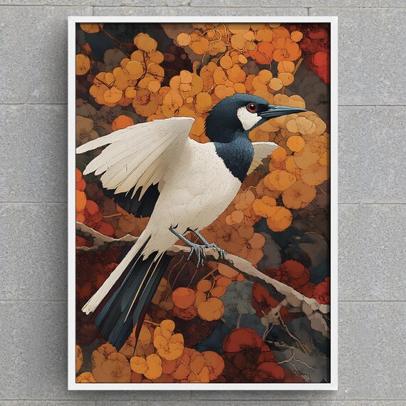Magpie Bird Autumn Berries Branch Japanese Style Botanical Wall Poster