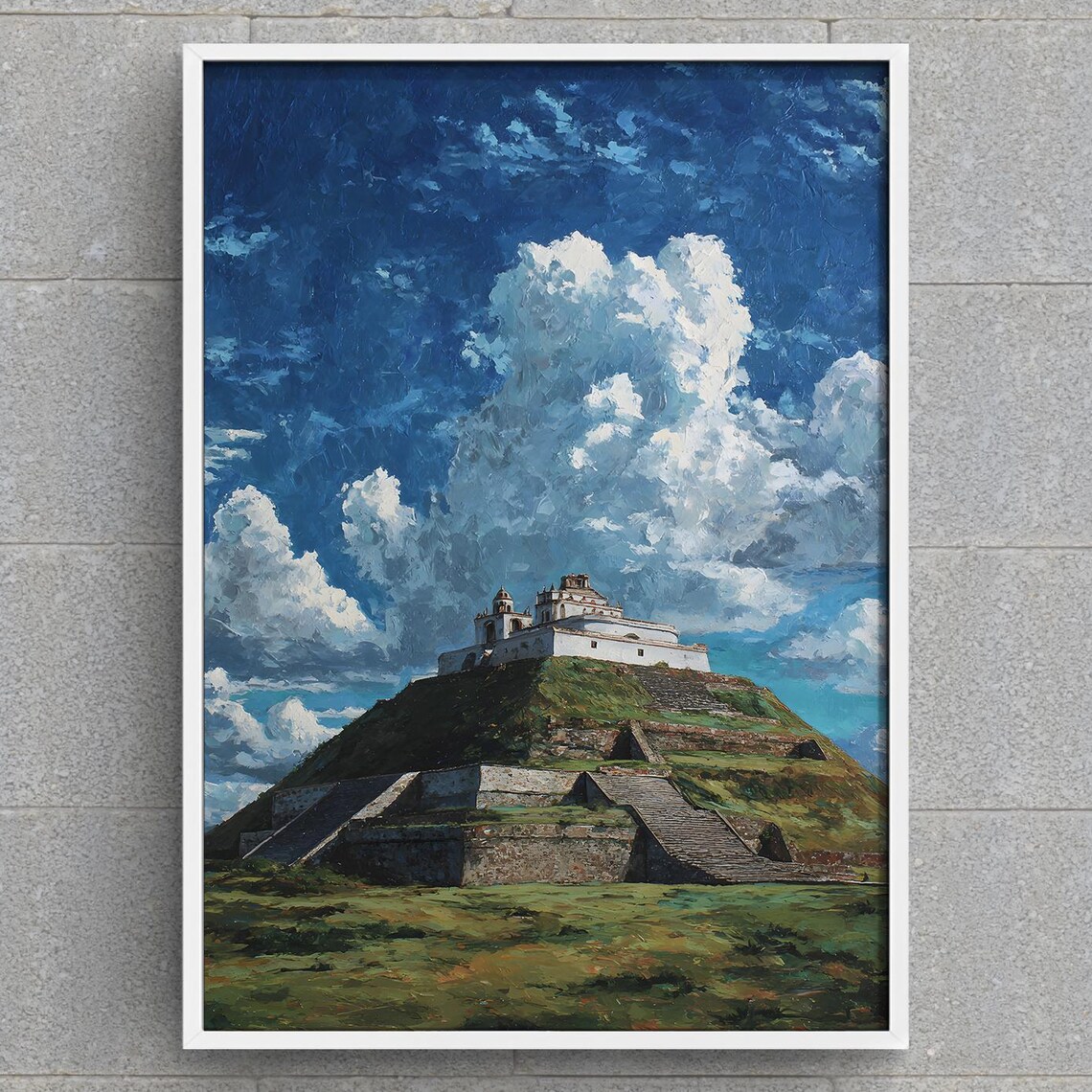 Ancient Step Pyramid White Church Dramatic Clouds Oil Painting Poster