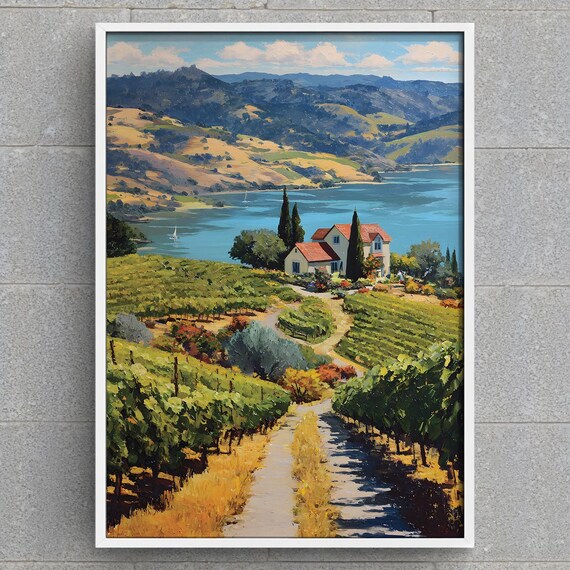 Vineyard Estate Blue Lake Tuscan Villa Red Roof Sailboat Art Poster