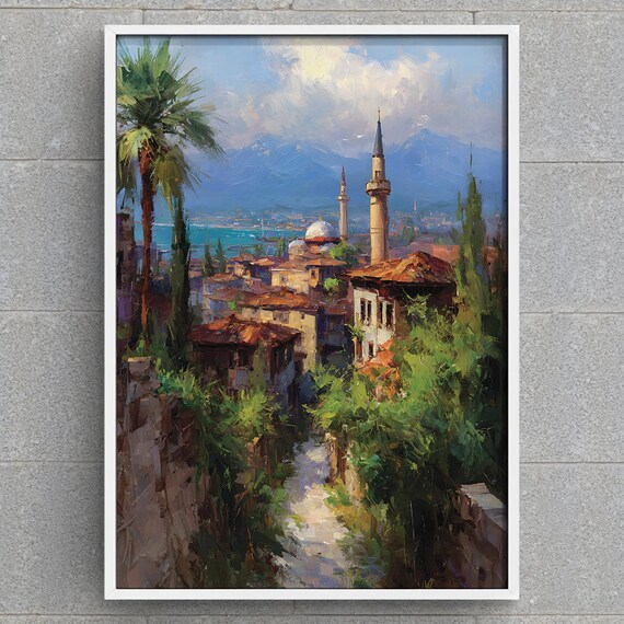 Antalya Turkey Art Print Mediterranean Cityscape Painting Historic Old Town Wall Minaret Bay View Travel Decor