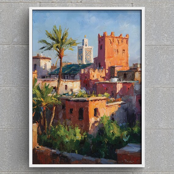 Marrakesh Art Print Moroccan Cityscape Painting Koutoubia Minaret Wall Historic Medina Decor North African Travel