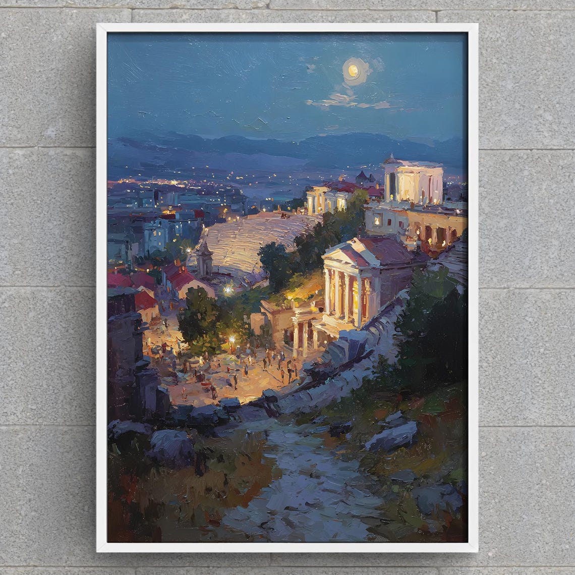 Moonlit Ancient Roman Amphitheater Hillside Town Night Poster