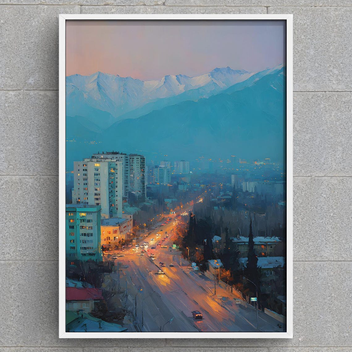 Almaty Kazakhstan Cityscape Art Print Tien Shan Mountains Nighttime Urban Landscape Travel Decor Oil Painting Style