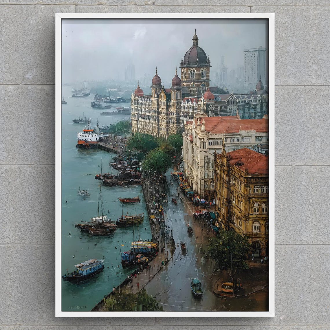 Mumbai Harbor And Taj Mahal Palace Rainy Day Painting Poster