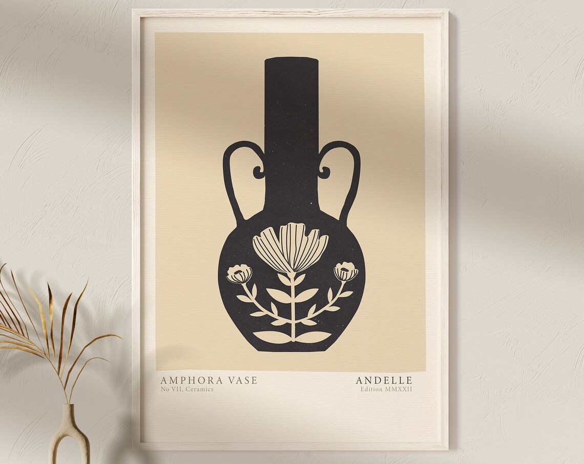 Black Amphora Vase No VII Cream Floral Motif Greek Style Poster