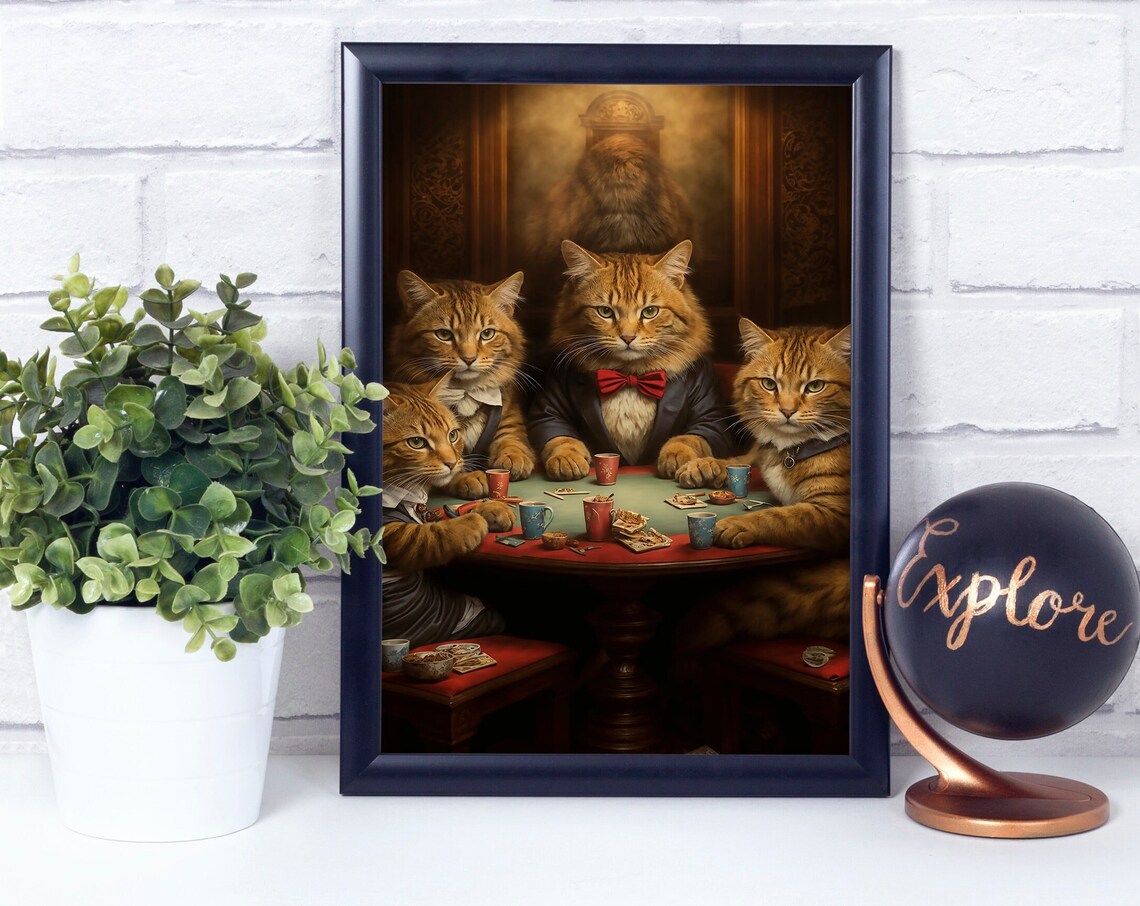 Orange Tabby Cats Playing Poker Vintage Style Funny Art Poster