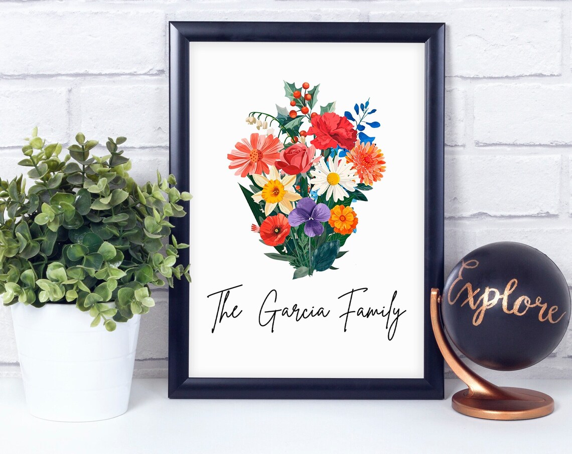 Personalized Family Birth Flower Bouquet Custom Floral Art Print