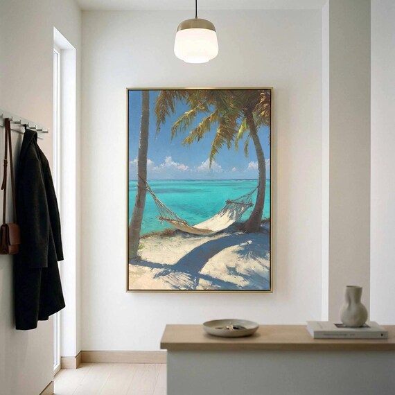 Tropical Beach Hammock Palm Trees Turquoise Sea Oil Painting Art Poster