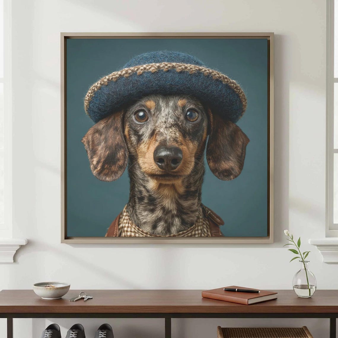 Dachshund in Alpine Hat Poster Cute Dog Portrait Teal Background