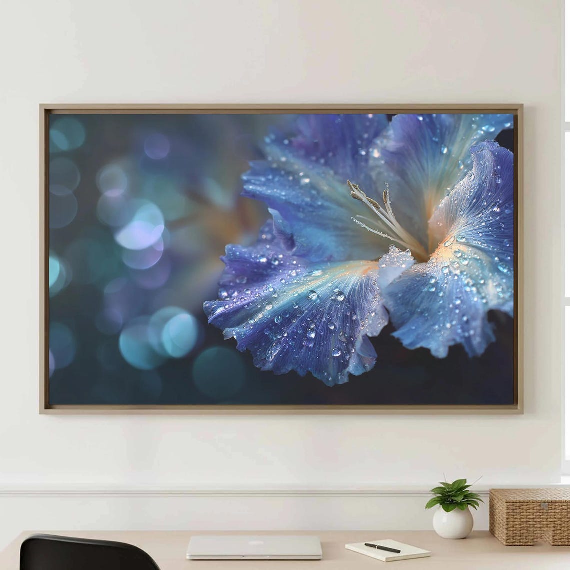 Blue Flower Macro with Dewdrops Floral Bokeh Botanical Wall Art