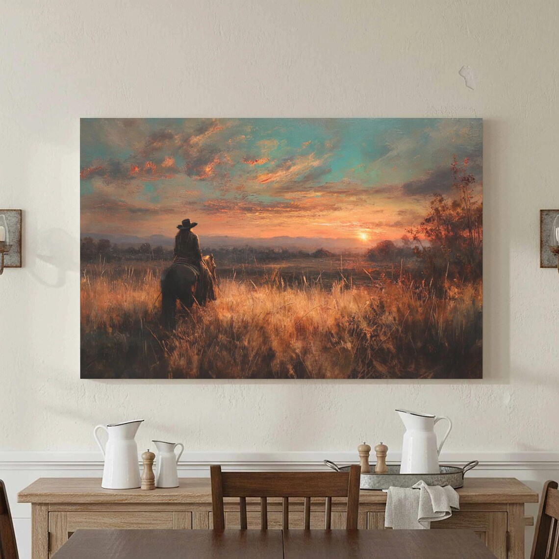 Lone Cowboy Horseback Riding Sunset Golden Prairie Art Poster
