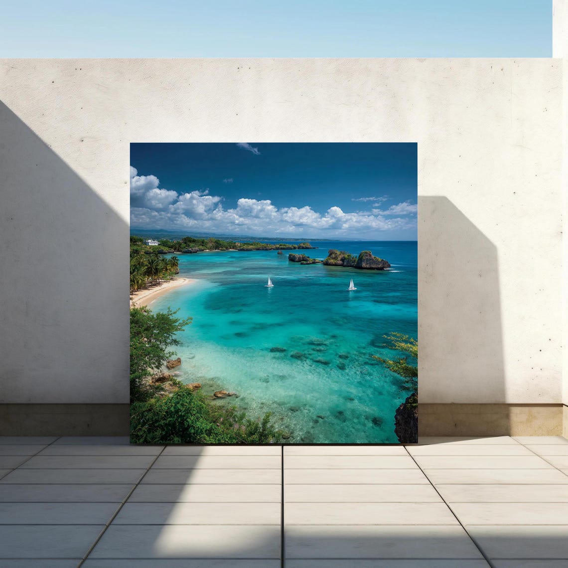 Tropical Ocean Coast Turquoise Sailboats Paradise Beach View Poster