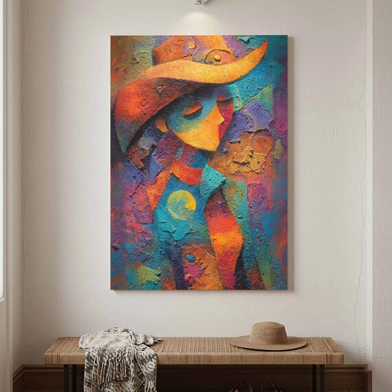 Western Cowgirl Abstract Canvas Colorful Portrait Wall Art