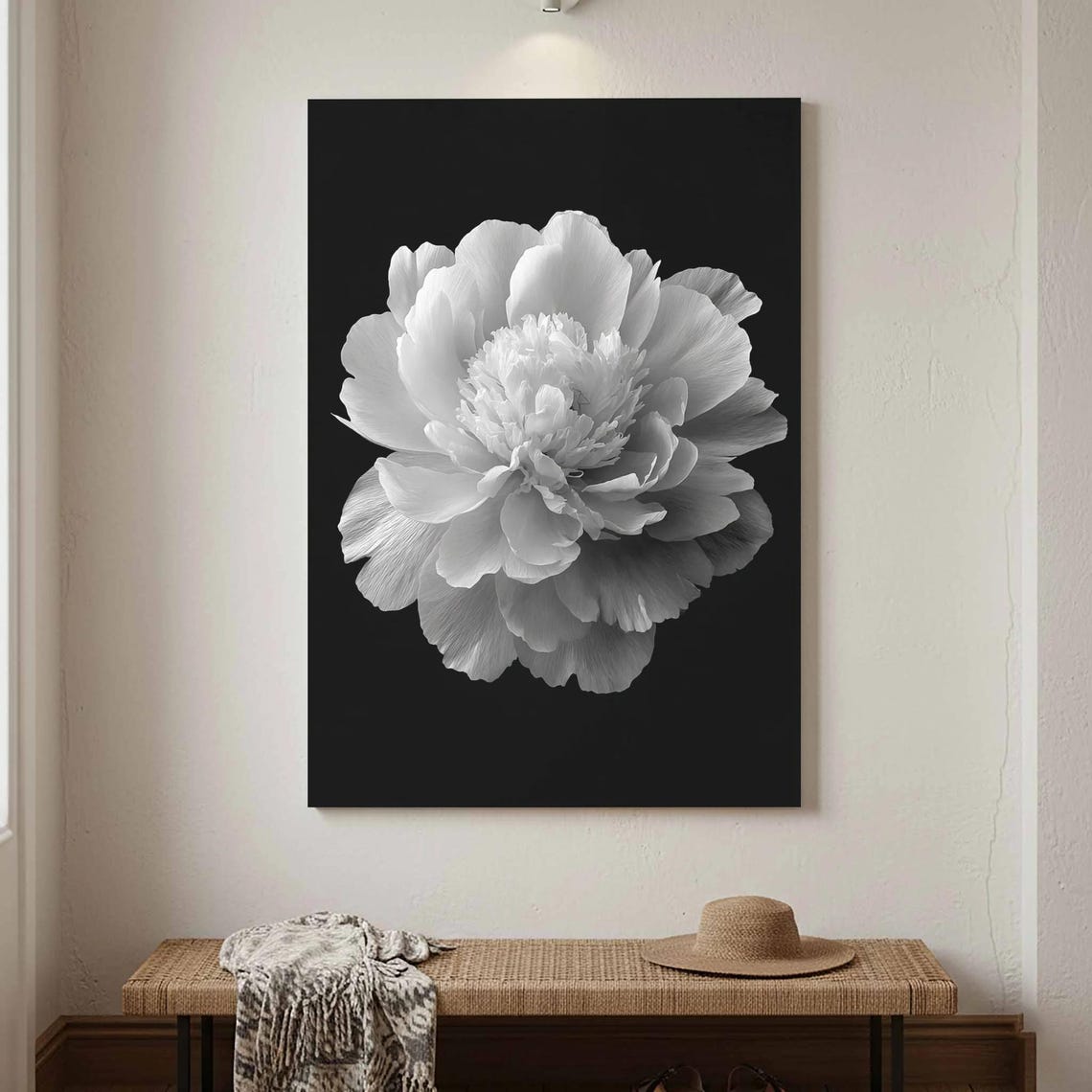 White Peony Flower Black Background Monochrome Floral Portrait Poster