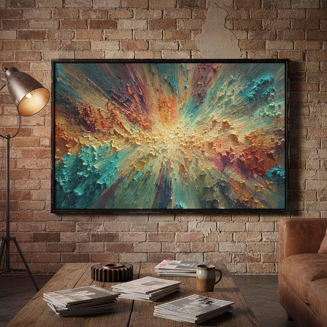 Vibrant Radial Burst Textured Impasto Abstract Energy Wall Poster