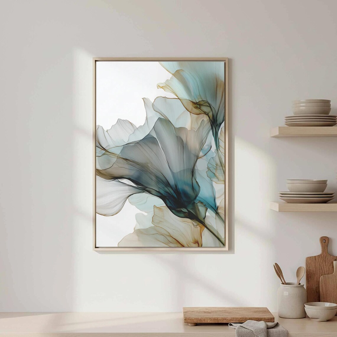 Abstract Floral Canvas Wall Art Modern Blue Gray Print