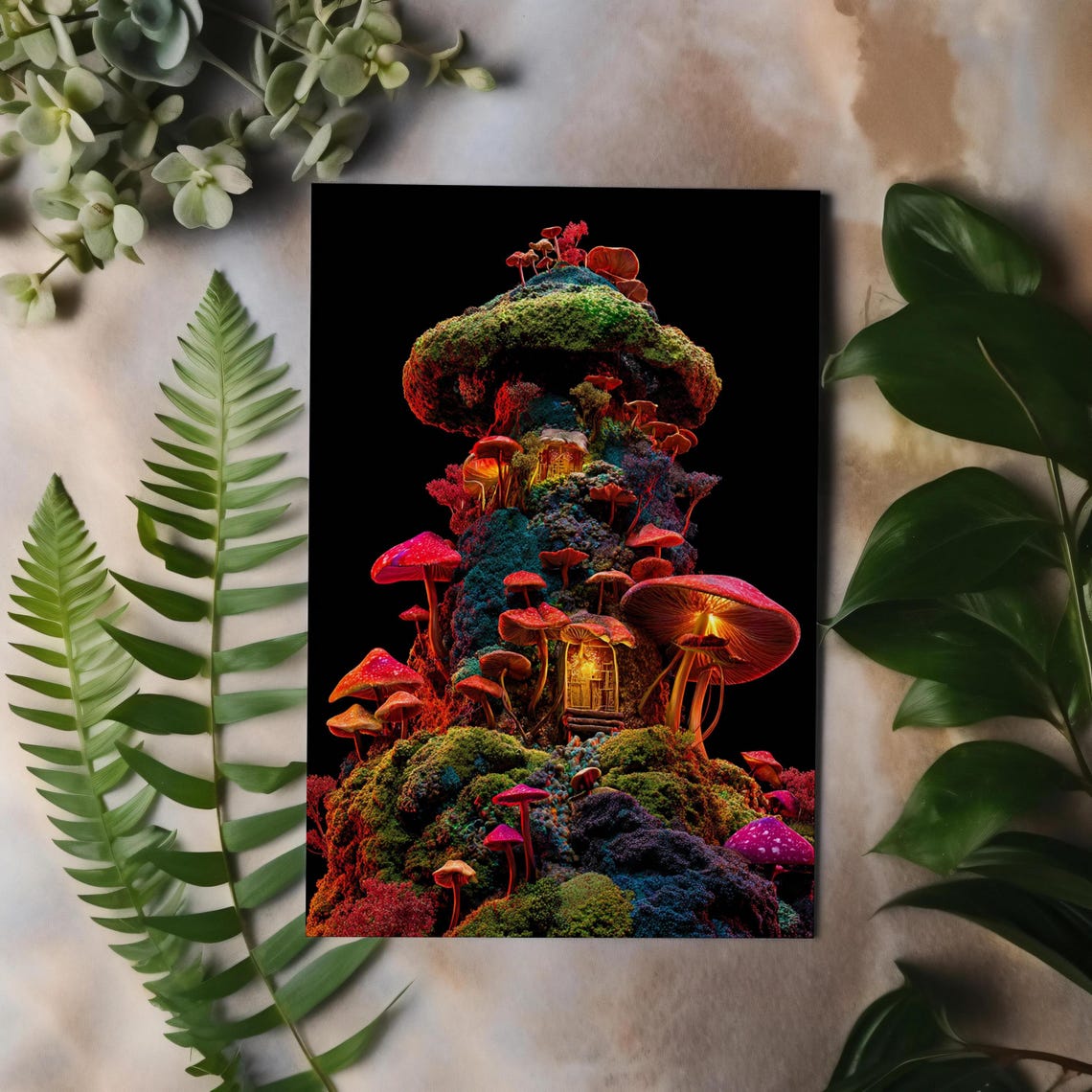 Glowing Mushroom Fairy House Poster on Black Neon Forest Art