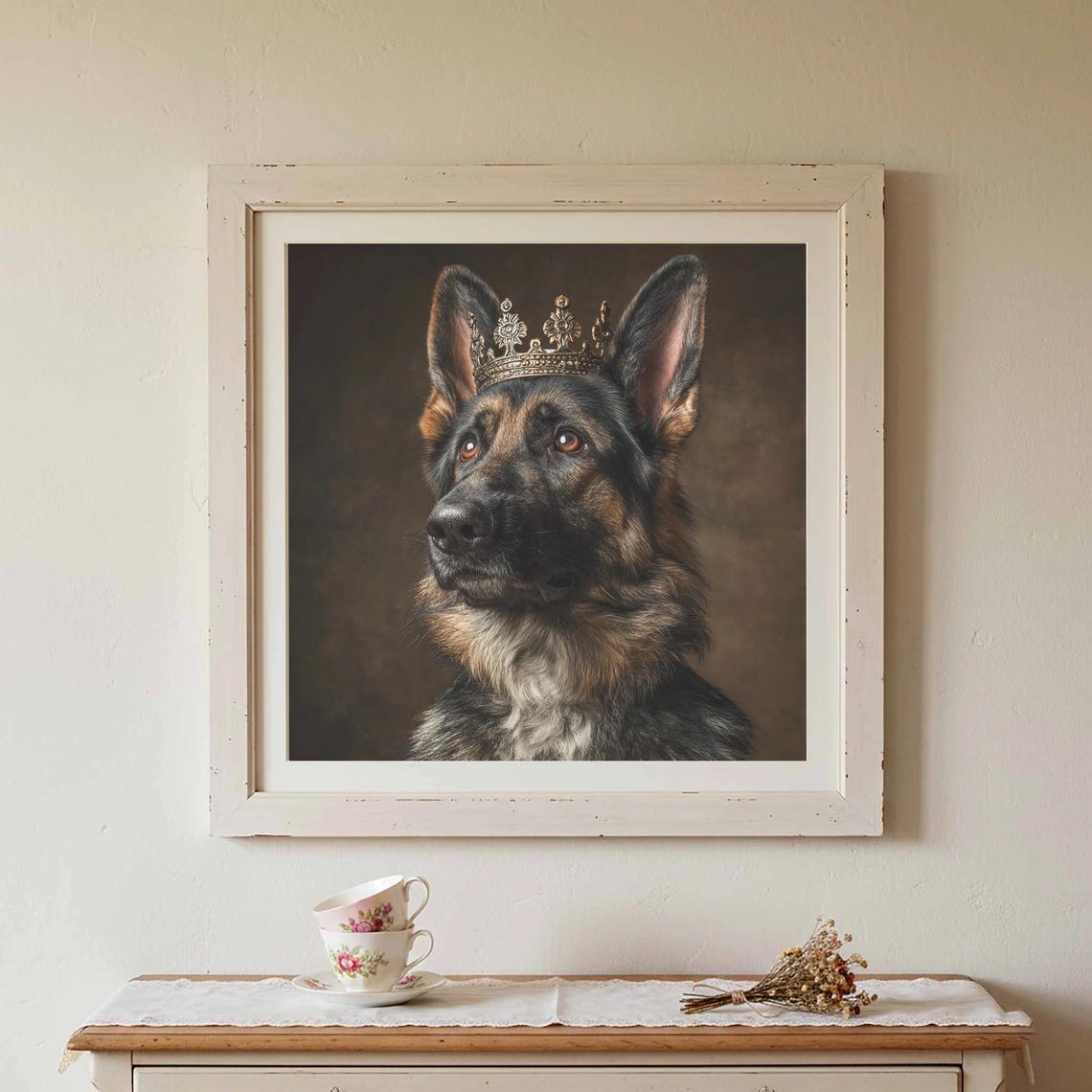 German Shepherd Wearing Golden Crown Regal Dog Portrait Print