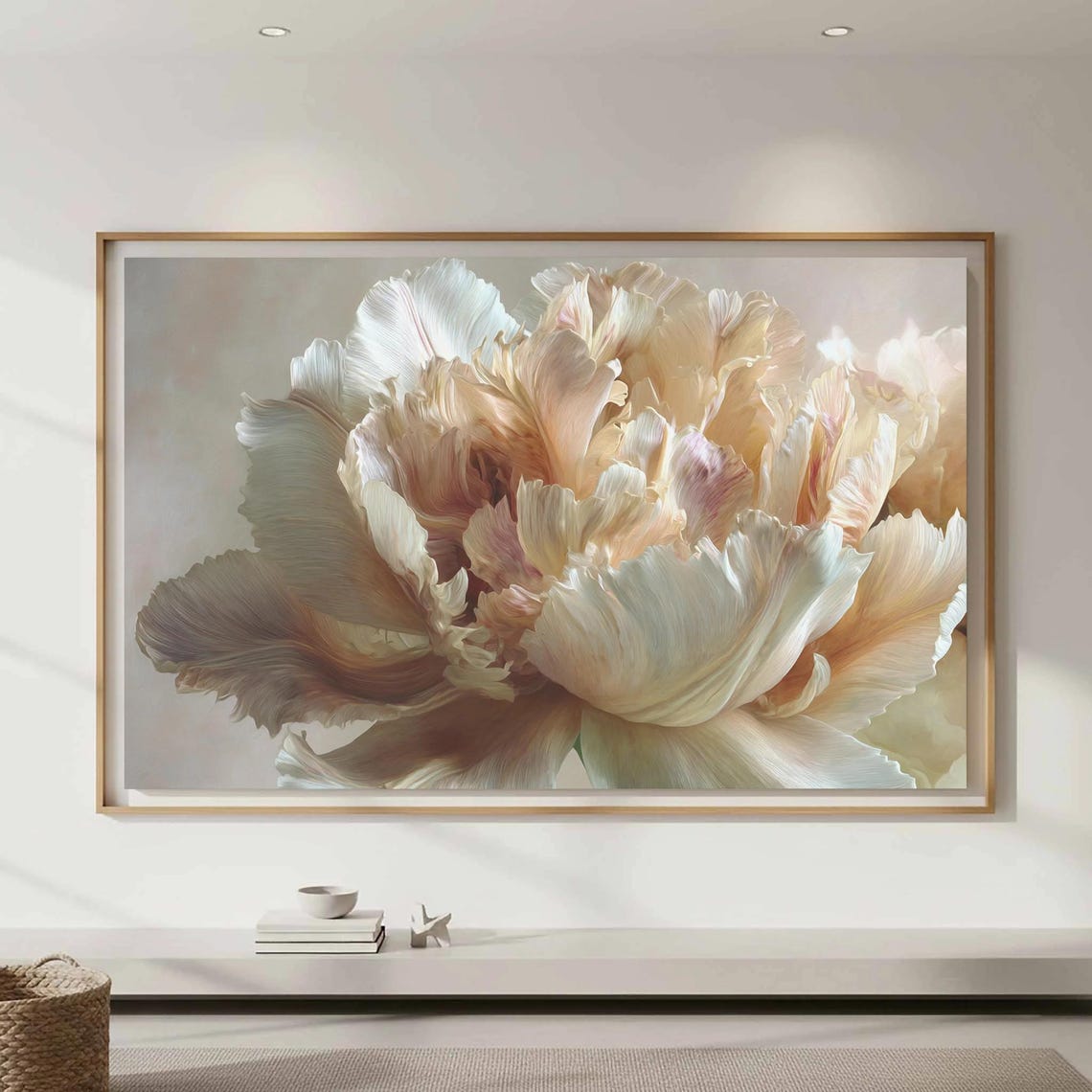 White Peony Bloom Close Up Soft Neutral Floral Elegant Wall Art