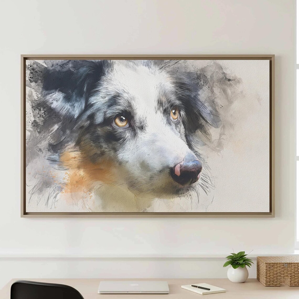 Blue Merle Border Collie Dog Watercolor Portrait Close Up Poster