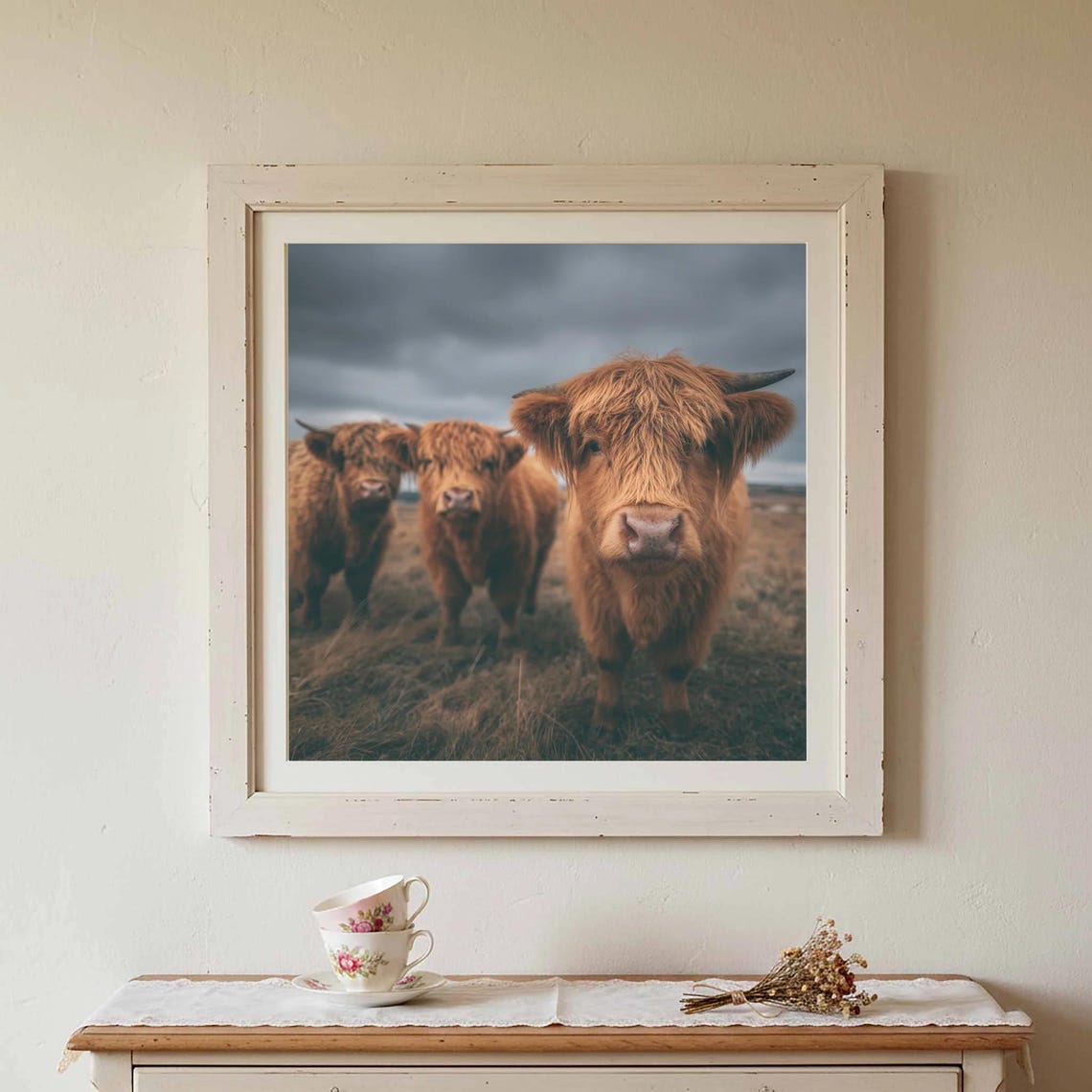 Highland Cow Canvas Three Fluffy Cows Moody Field Rustic Farm Wall Art