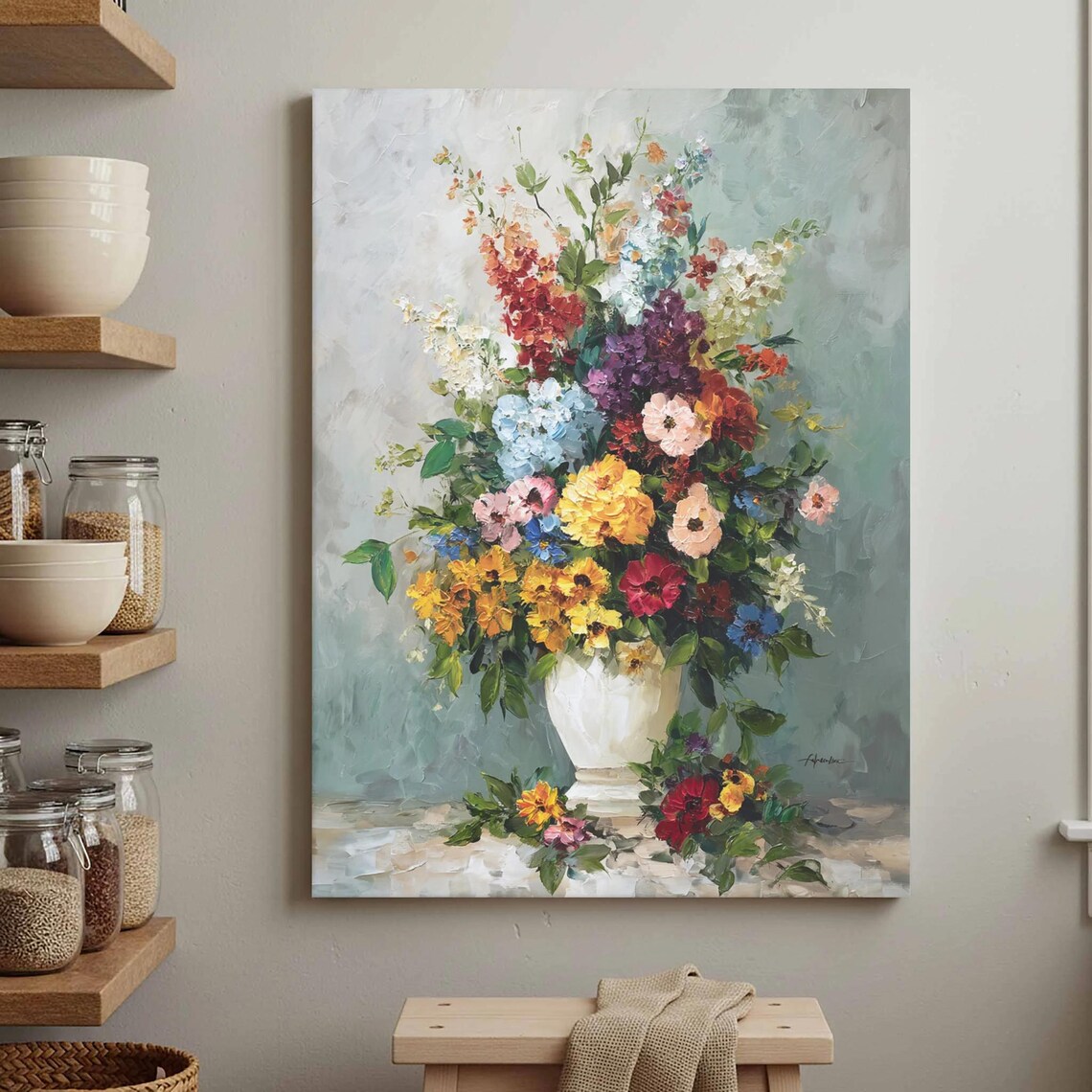 Floral Canvas Vibrant Wildflower Bouquet White Vase Impressionist Wall Art