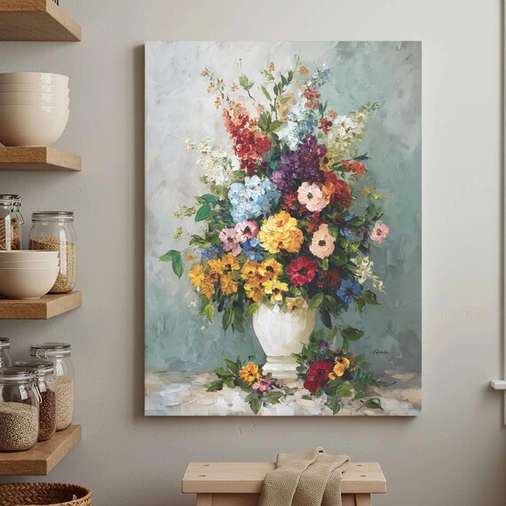Floral Canvas Vibrant Wildflower Bouquet White Vase Impressionist Wall Art