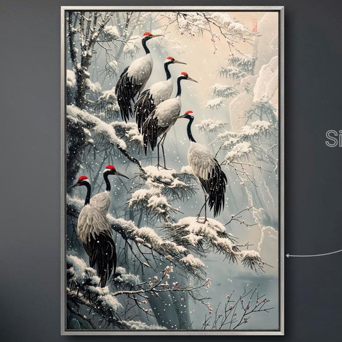 Red Crowned Cranes Snowy Pine Tree Japanese Winter Wildlife Poster