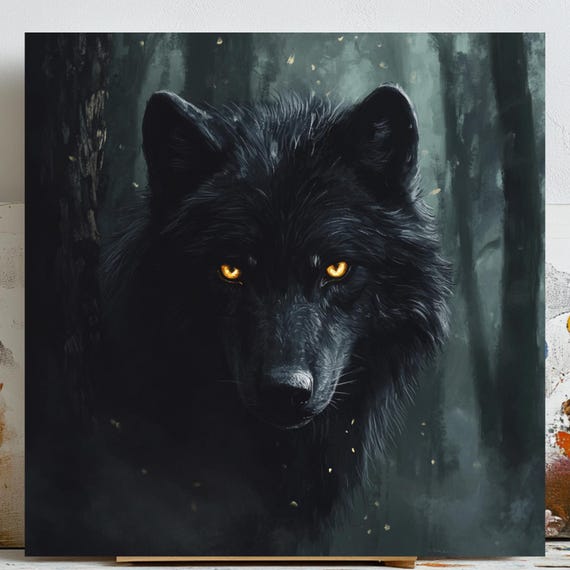 Black Wolf Art Print, Mystic Forest Decor