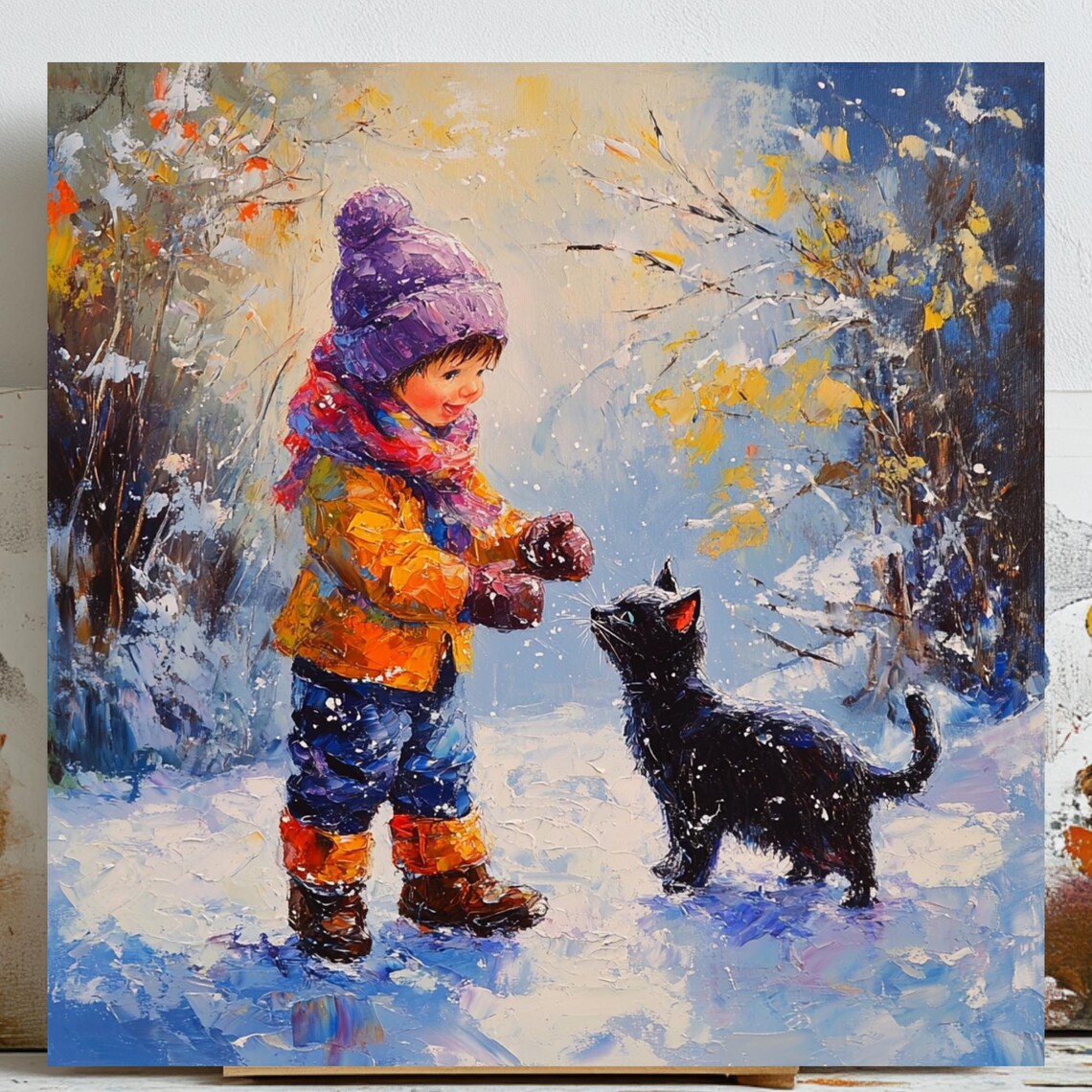 Girl And Cat Winter Scene, Girls Room Decor