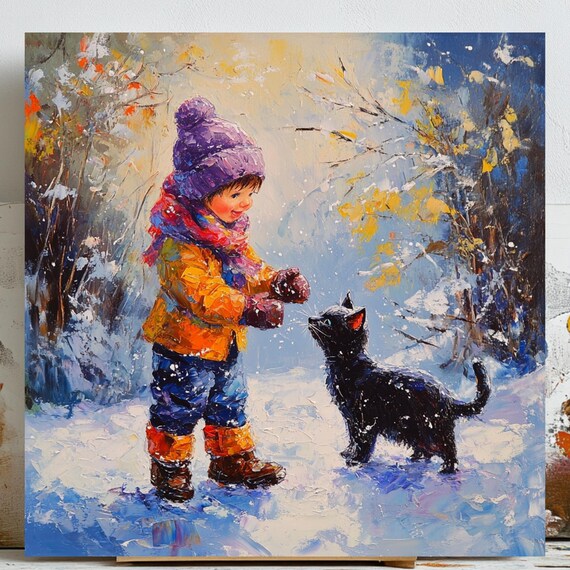 Girl And Cat Winter Scene, Girls Room Decor
