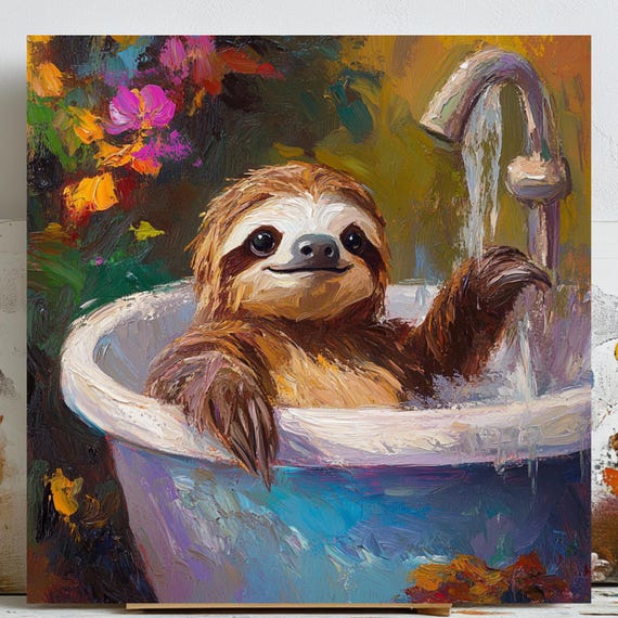 Sloth In Bathtub Poster, Whimsical Animal Decor