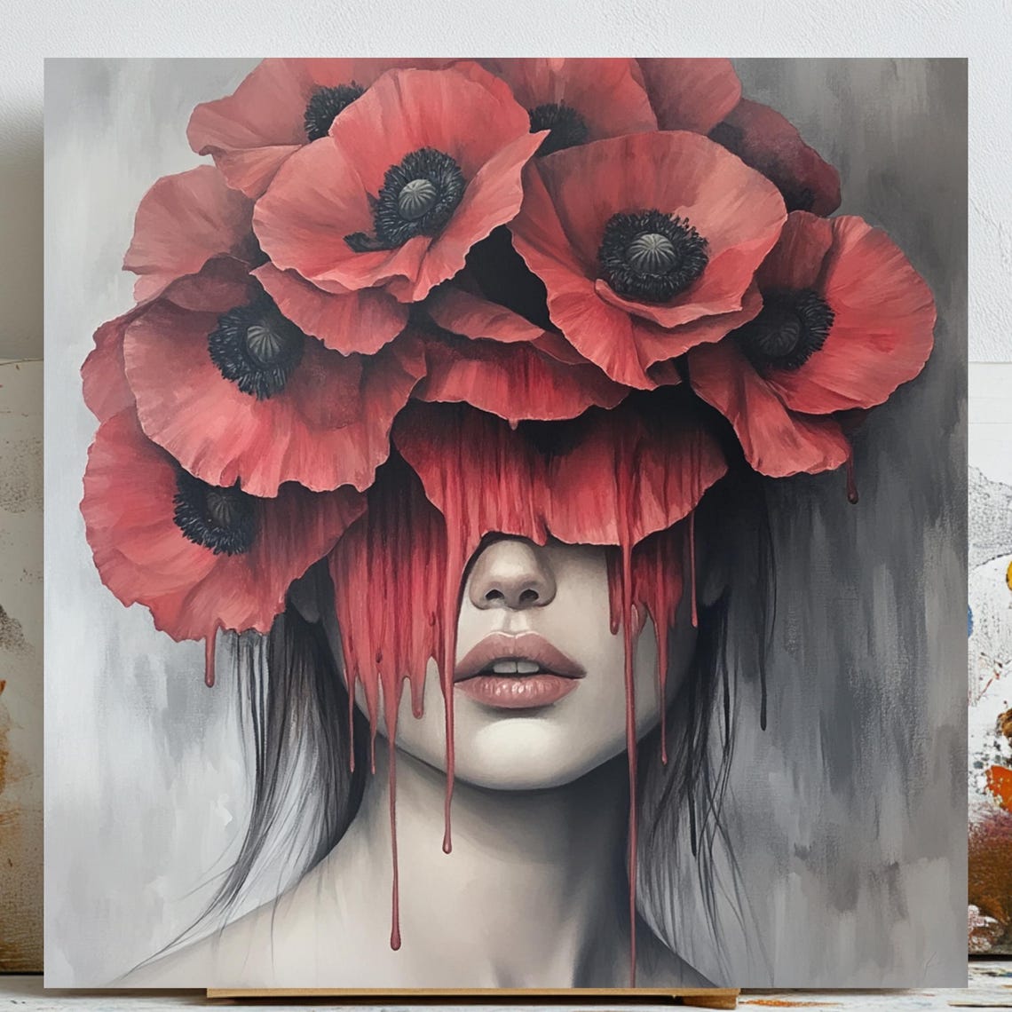 Surreal Woman Red Poppy Portrait, Fashion Illustration