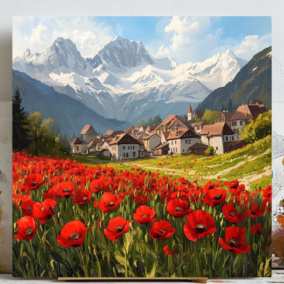 Poppy Field Mountain Landscape, Rustic Village Scene