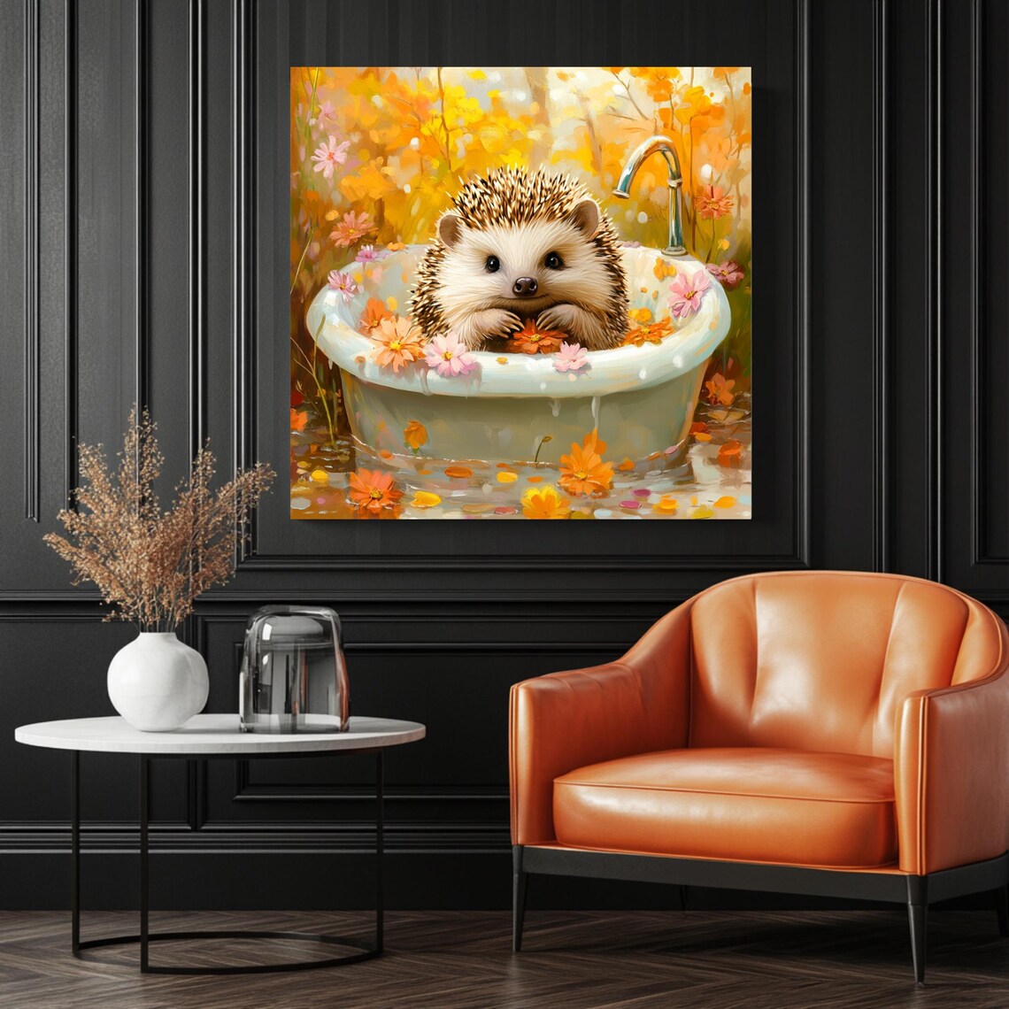 Hedgehog in Bathtub, Floral Bathroom Wall Art - Image 3