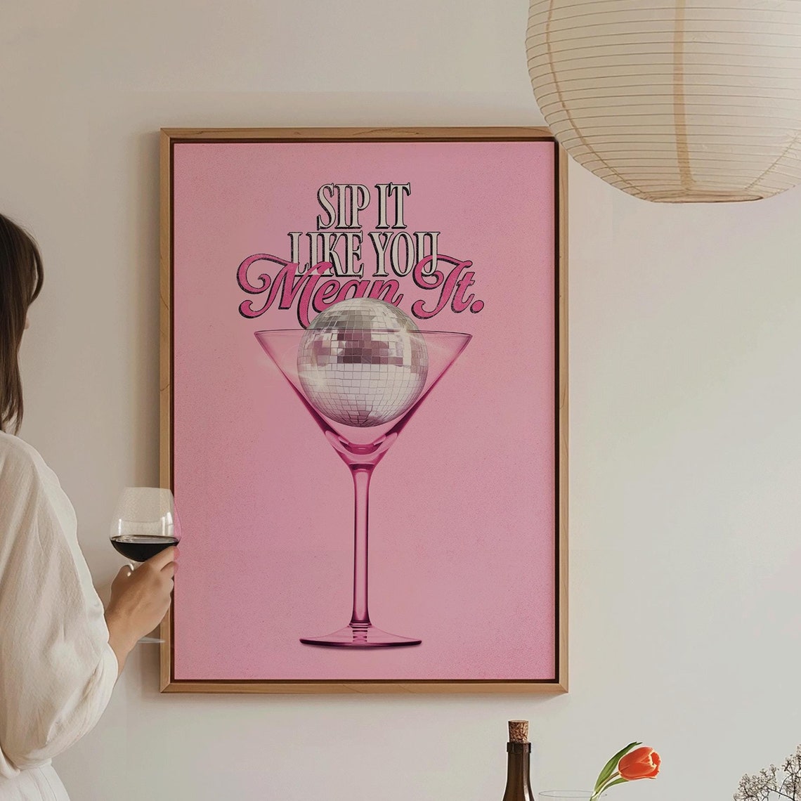 Sip It Like You Mean It Pink Martini Disco Ball Bar Cart Wall Print