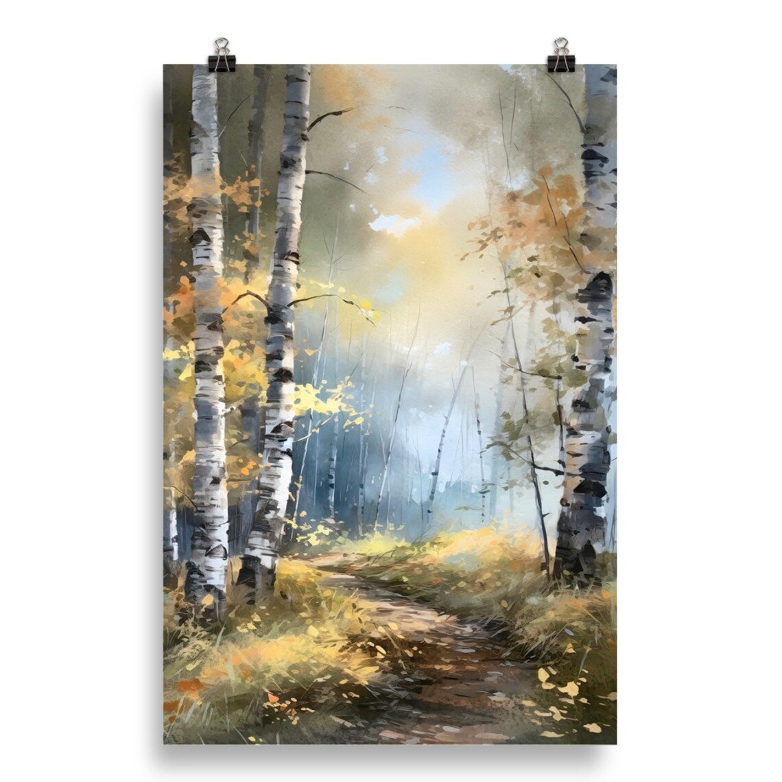 Golden Autumn Birch Woods Sunlit Forest Path Watercolor Poster - Image 5