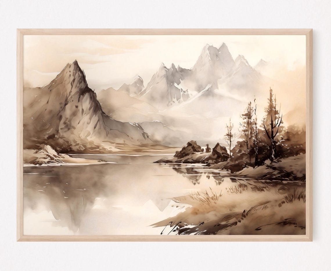 Minimalist Sepia Mountain Lake and Jagged Peaks Watercolor Poster