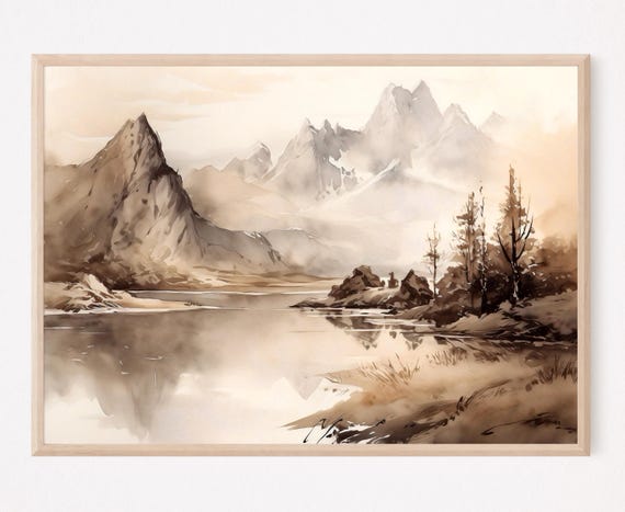 Minimalist Mountain Lake Watercolor Painting Art Print Mountain Landscape Large Wall Art Neutral Home Decor Gift Art