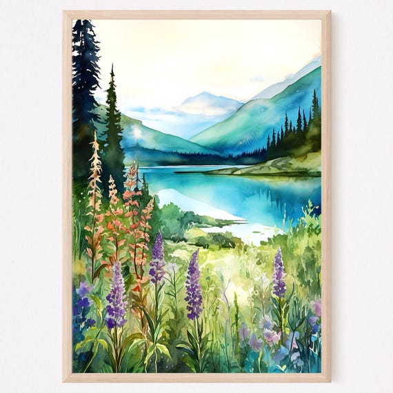 Mountain Lake Watercolor Painting Art Print Mountain Landscape Mountain Lake Wall Art Flowering Landscape Home Decor Gift