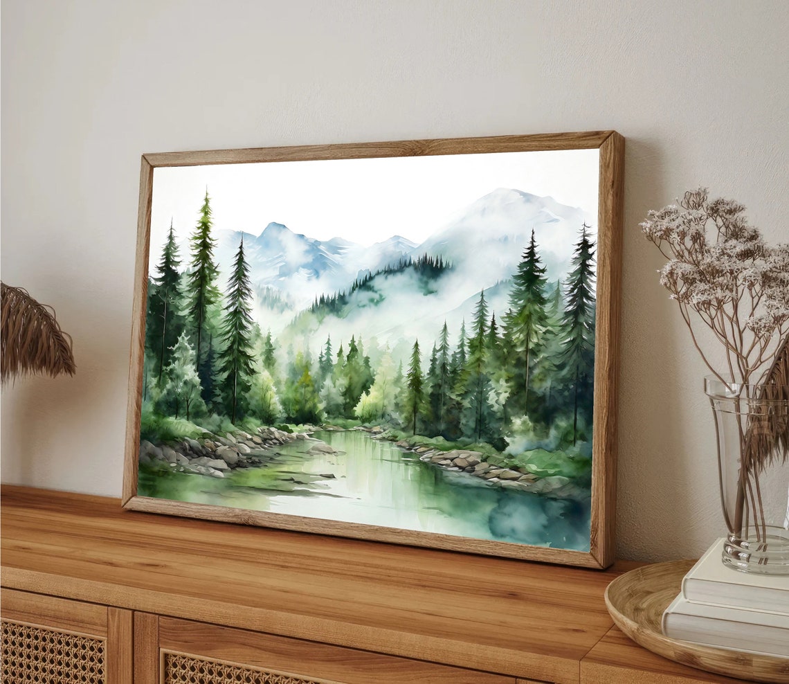 Misty Pine Forest with Mountain Stream Foggy Watercolor Poster - Image 3