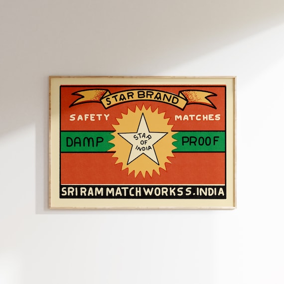 Retro Indian Matchbox Poster Star Vintage Matchbox Poster Colorful Art Poster Vintage India Art Maximalist Wall Art Matchbox Art